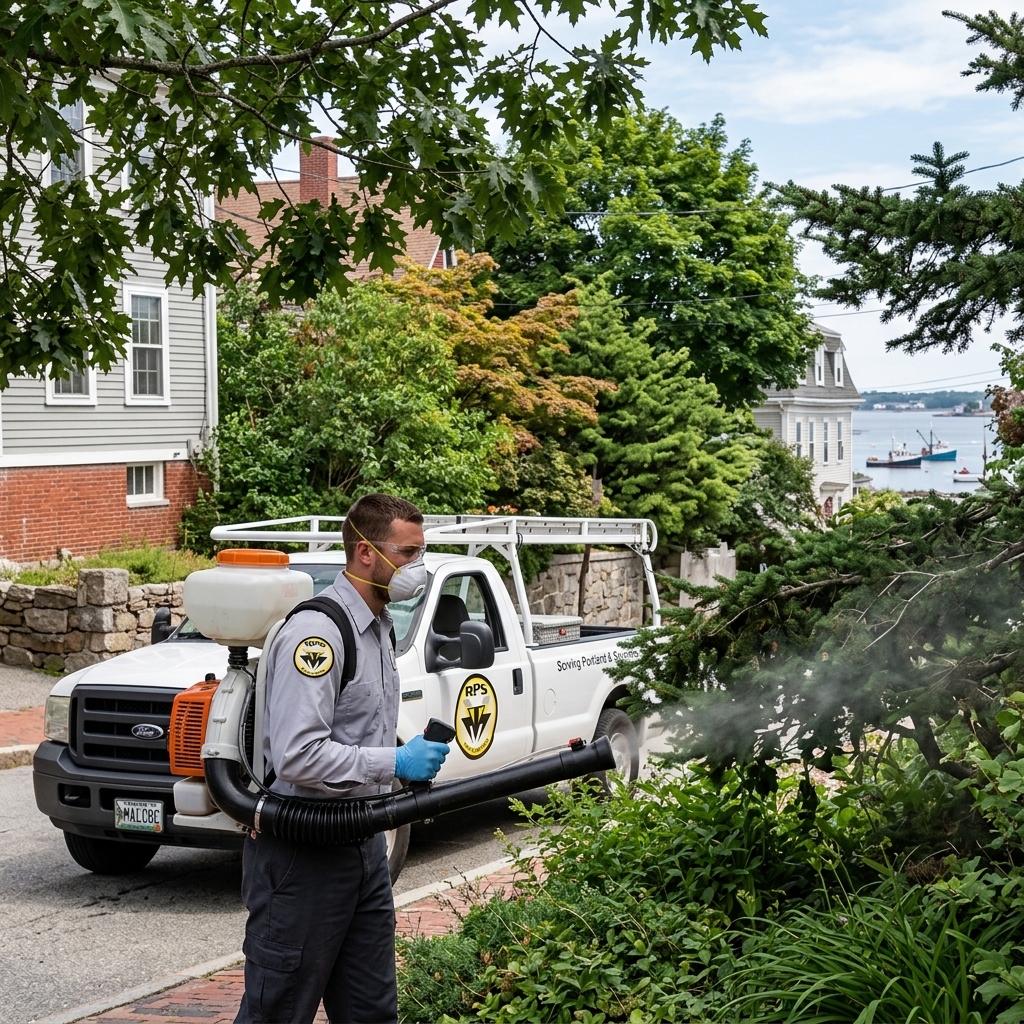 Professional mosquito control technician applying eco-friendly barrier treatment in a Maine backyard at dusk