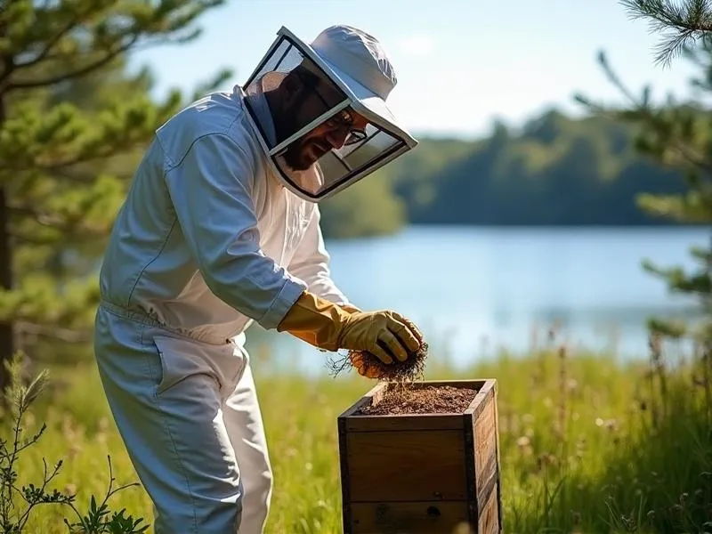 Professional bee and wasp removal near Sebago Lake Maine - beekeeper in protective suit, lake background, safety equipment