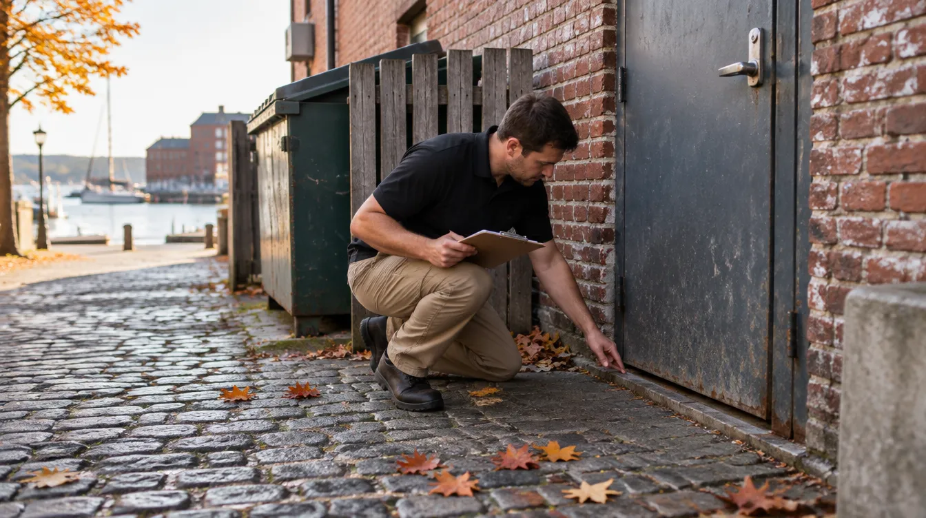 Robbins Pest Services technician inspecting the rear service entrance of a restaurant in Portland, Maine