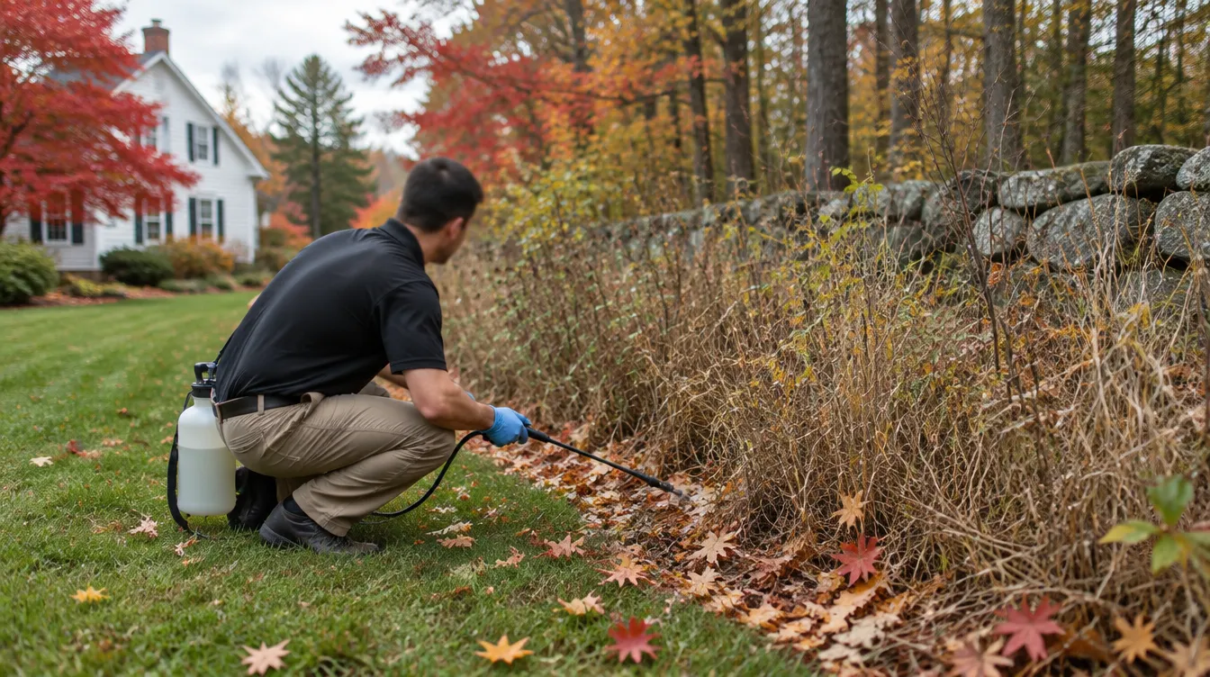 Robbins Pest Services technician inspecting the leaf-litter edge of a wooded backyard in Greater Portland, Maine in October
