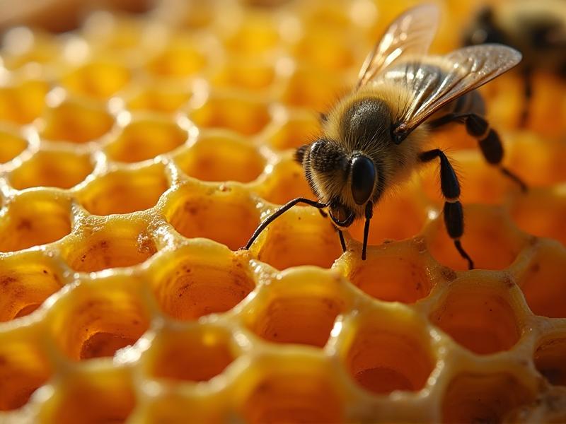 Natural honey bee hive with hexagonal honeycomb structure showing active bee colony
