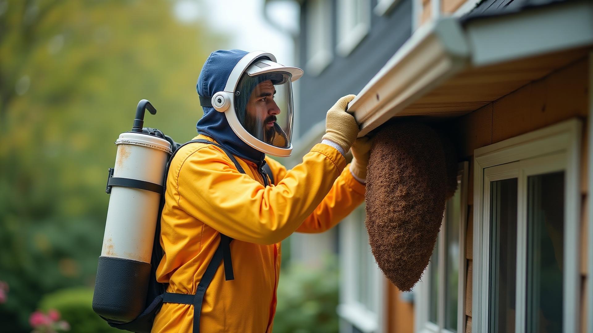 Professional bee removal specialist safely removing large wasp nest