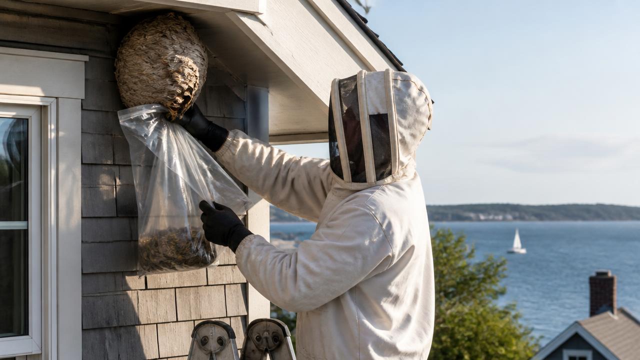 Protective-suited technician removing a paper wasp nest from the eave of a Portland Maine coastal home
