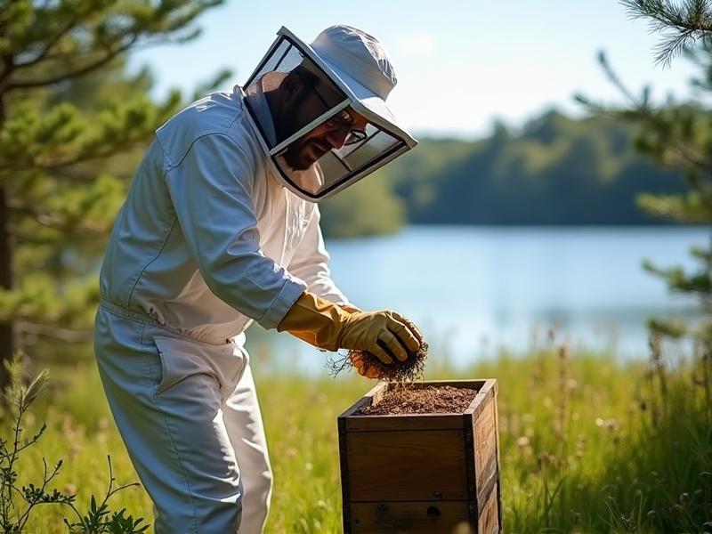 Professional bee and wasp removal near Sebago Lake Maine - beekeeper in protective suit, lake background, safety equipment