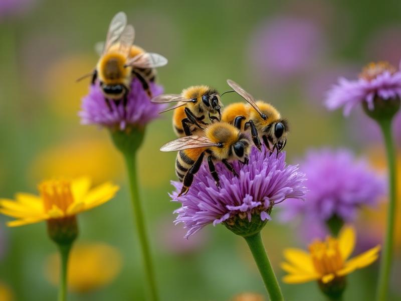 Honey bees collecting pollen from flowers in garden, showing beneficial pollinator behavior