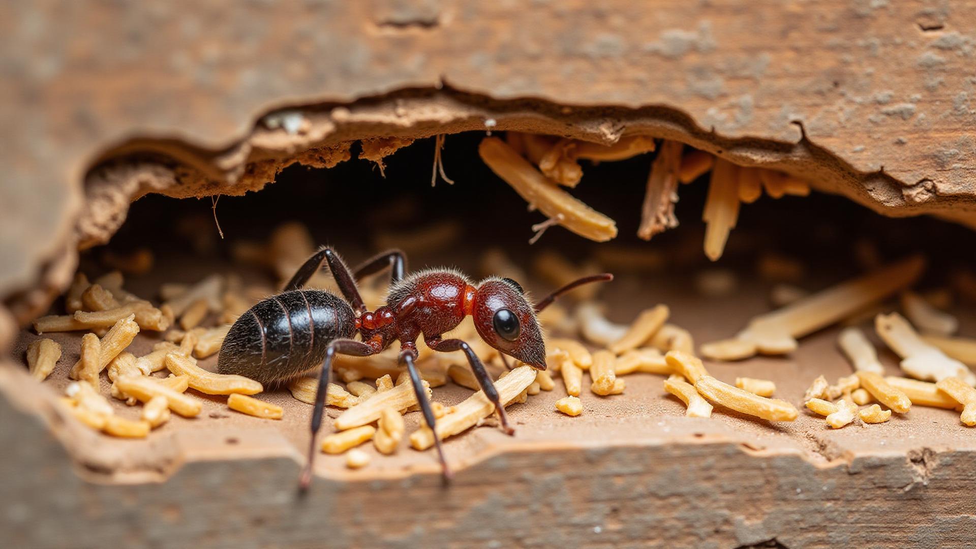 Carpenter ant damage in wooden beam showing excavated galleries