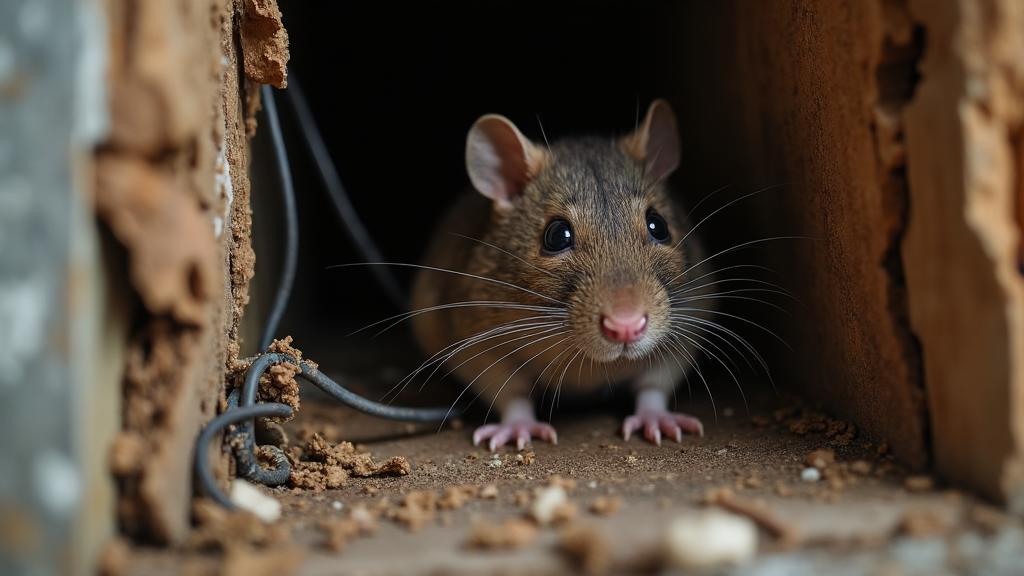 Evidence of rodent damage in Maine home - gnawed wires, droppings, and wood damage documentation
