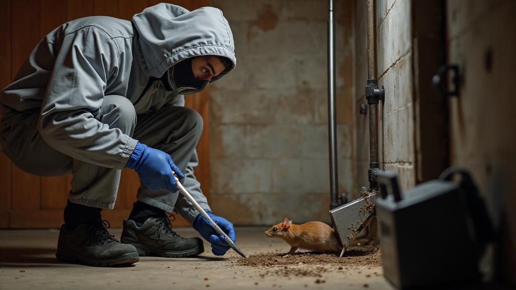 Professional pest control technician conducting thorough rodent inspection in Maine home basement