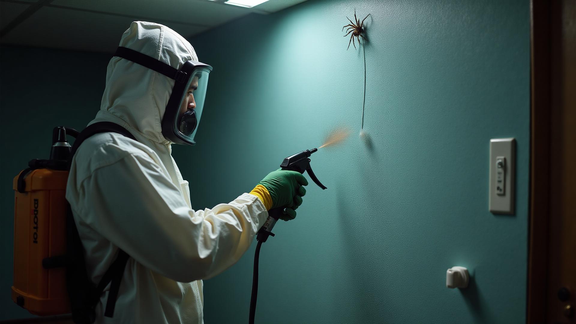 Professional spider control technician treating basement spider webs