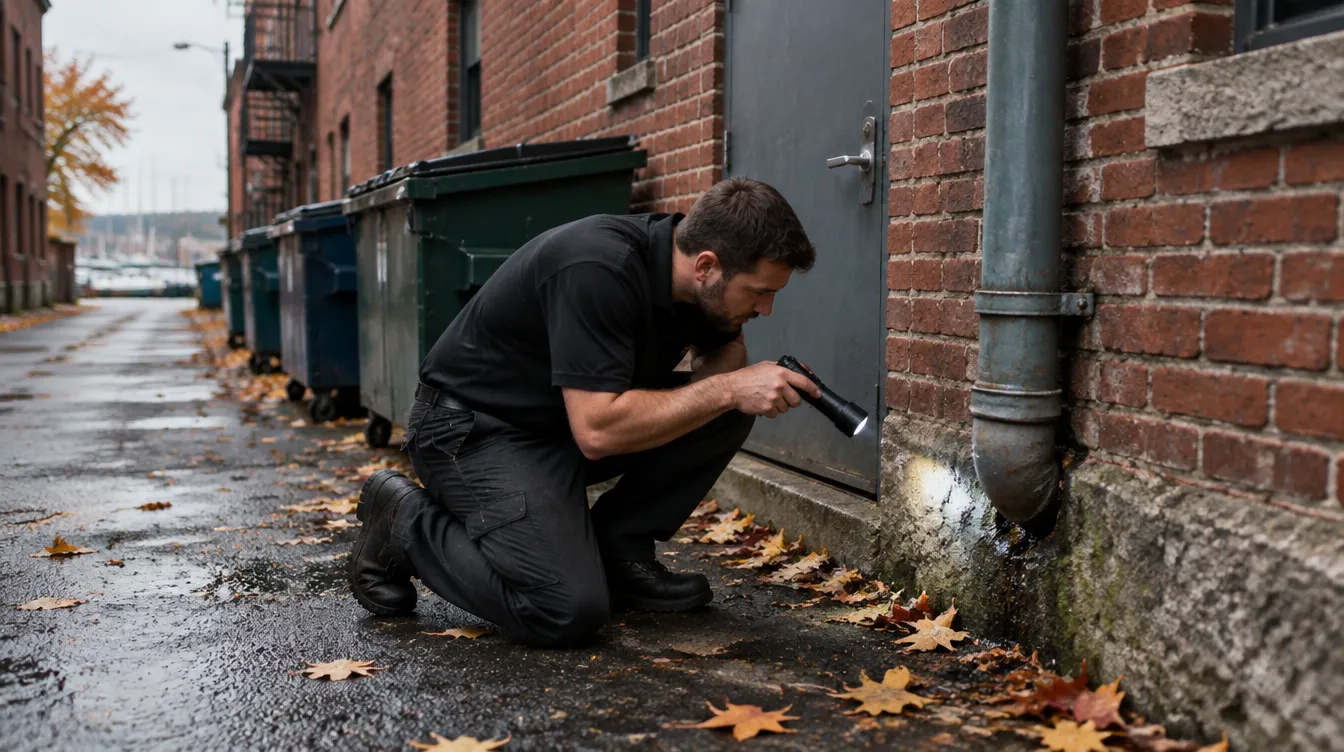 Robbins Pest Services technician inspecting a utility pipe entry in the brick foundation at the rear service door of an older multi-tenant building in Portland, Maine