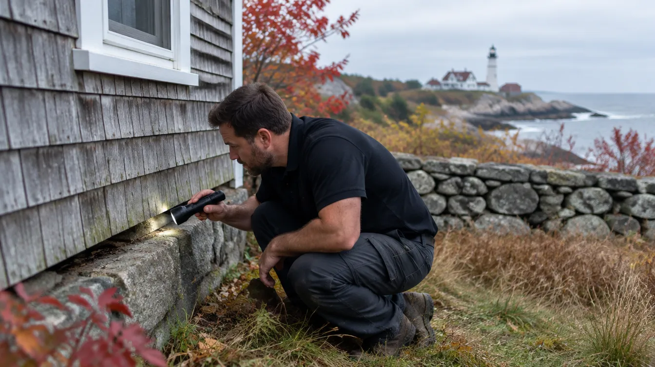 Robbins Pest Services technician inspecting the shingled foundation of a coastal Cape Elizabeth, Maine home in October, with the shoreline behind