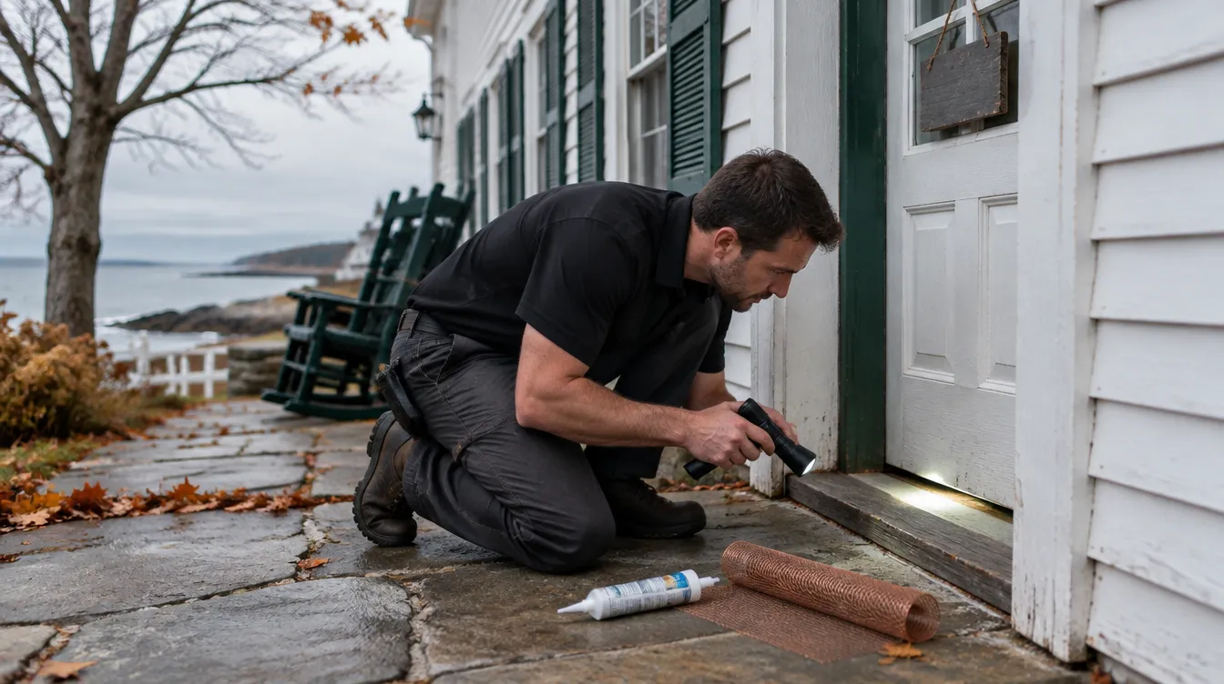 Robbins Pest Services technician inspecting the door threshold at the rear entrance of a white clapboard Maine inn closed for the season
