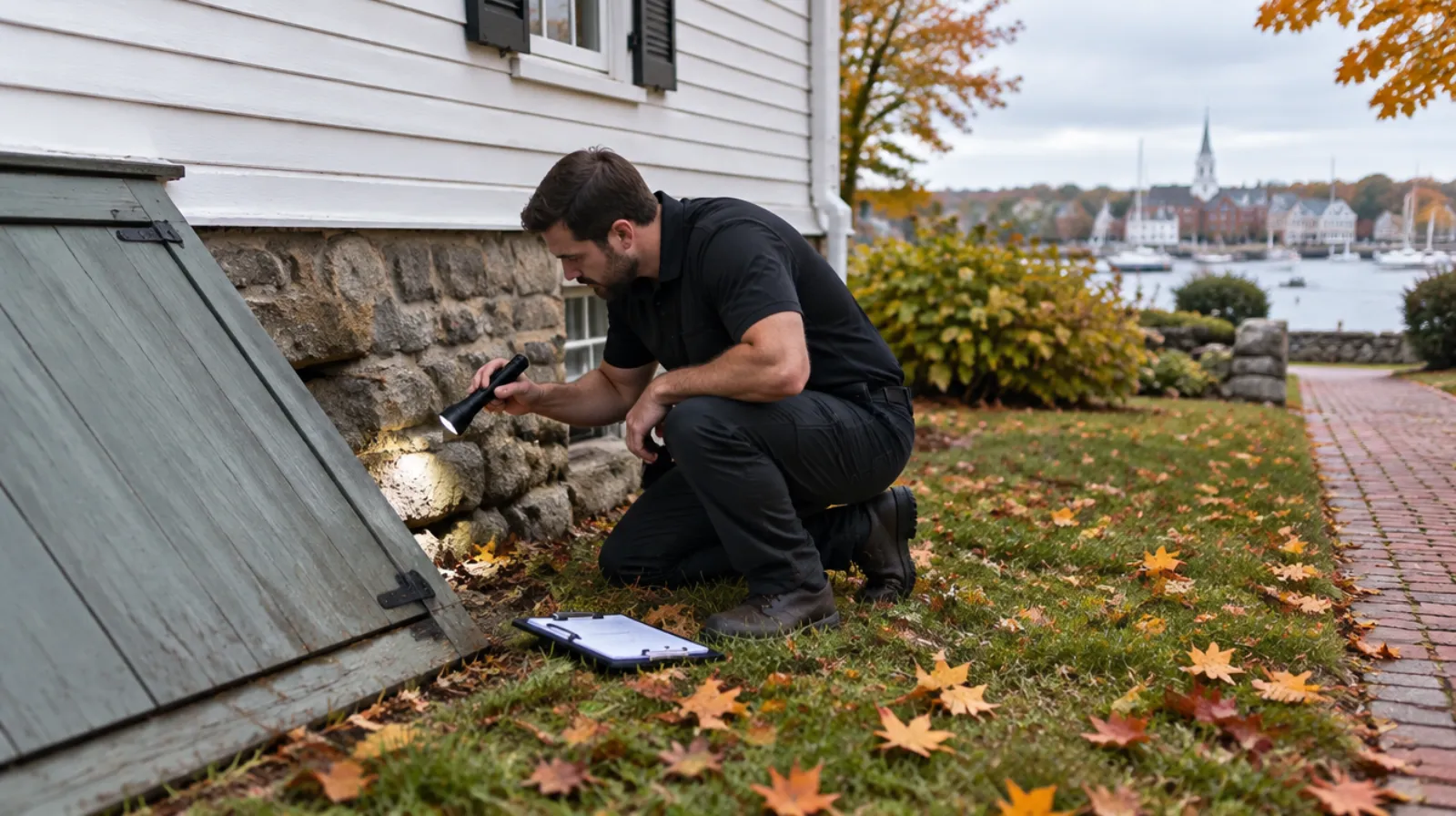 Robbins Pest Services technician inspecting the exterior of a Portland, Maine home