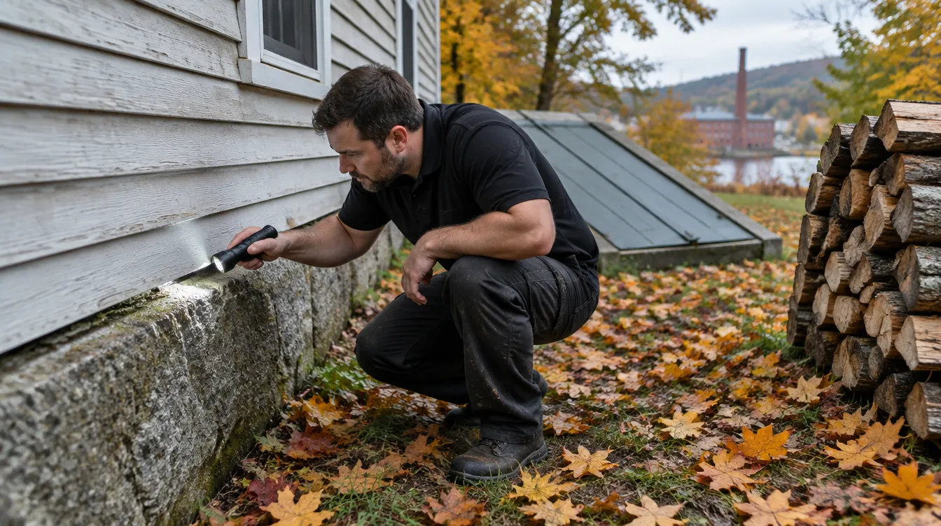 Robbins Pest Services technician inspecting the foundation sill of an older Westbrook, Maine home in October, with firewood stacked nearby