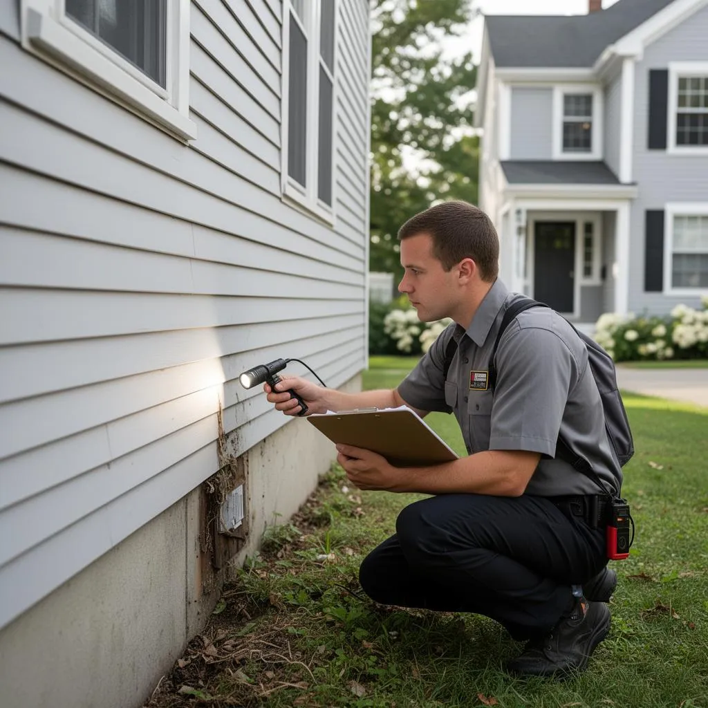 Professional rodent removal technician inspecting a Portland Maine home for rats and mice